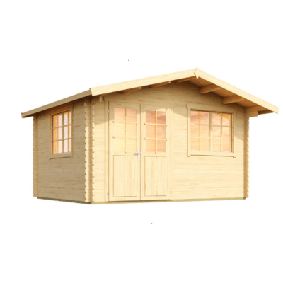 Záhradný domček o sile 40mm s dvomi oknami a dvojitými dverami. Sedlová streha