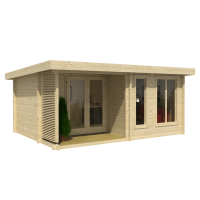 Zrubový záhradný domček s plochou strechou a terasou