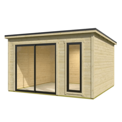 Moderná záhradná stavba z dreva a hliníkovými oknami a posuvnými dvermi