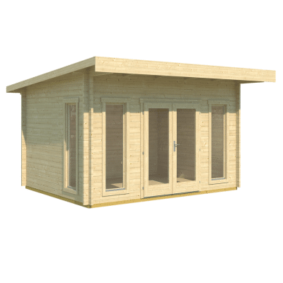 Montované záhradné chatky s plochou strechou a veľkými oknami a dverami