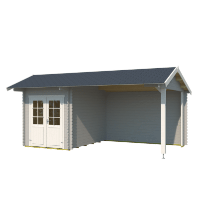 Záhradný drevený domček s prístreškom a sedlovou strechou