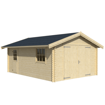 Drevená montovaná zrubová garáž zo sedlovou strechou a dvermi