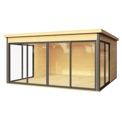 Montovaná drevená záhradná kancelária s velkoplošnými oknami
