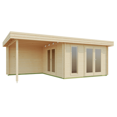 Záhradný domček s rovnou strechou a prestrešením terasy s oknami a dvermi