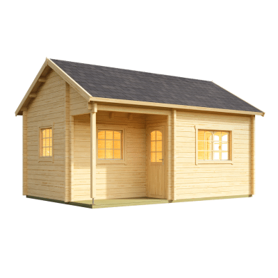 Zrubová chata zo smrekového dreva s vyvýšeným obývateľným podkrovím . Sedlová strecha
