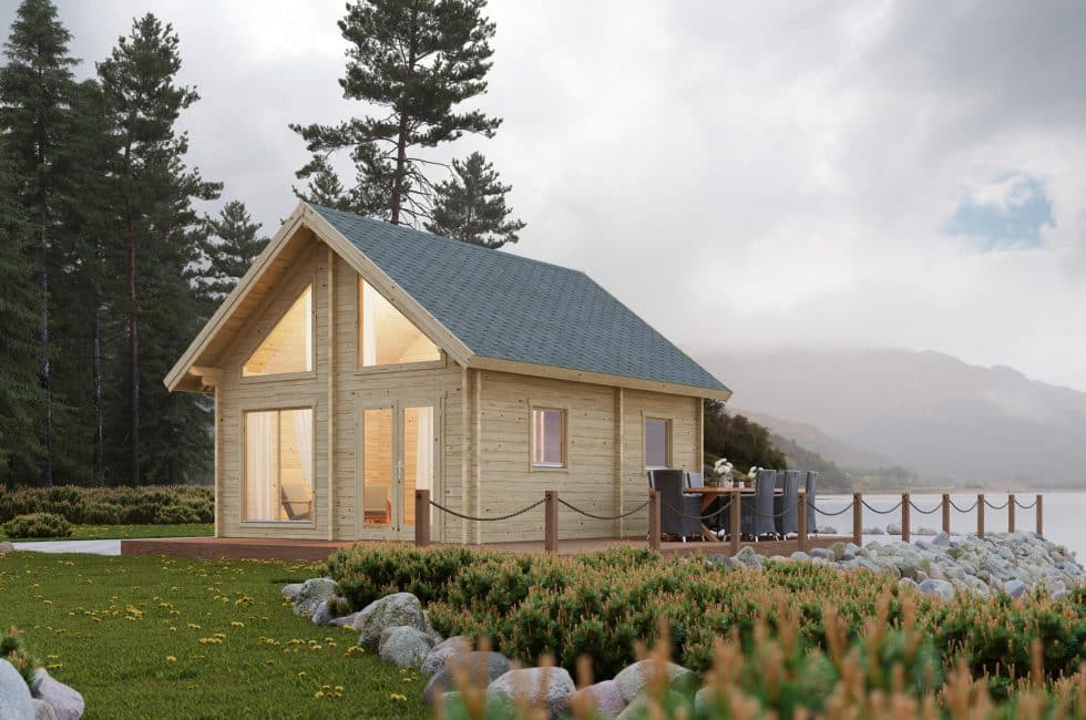 Rekreačná chata s veľkými oknami a v 70mm sile drevených stien Orebro